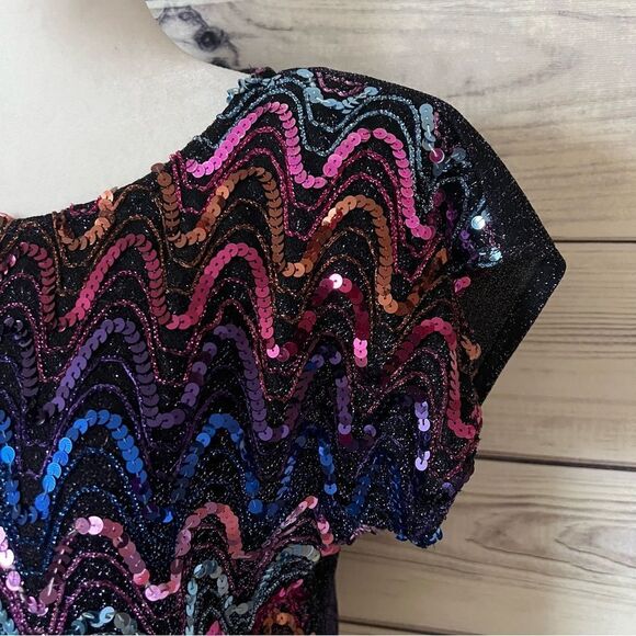 Vintage 80s / 90s Sequin Sparkly Disco Short Sleeve Blouse - Picture 3 of 13